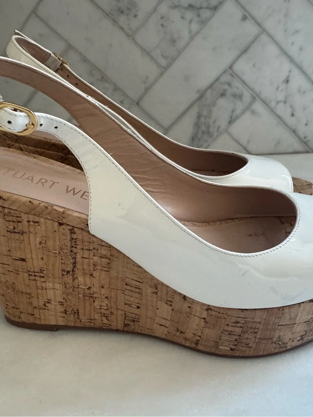 Stuart Weitzman White Patent Cork Platform Wedge Slingbacks 8.5 - Picture 10 of 15